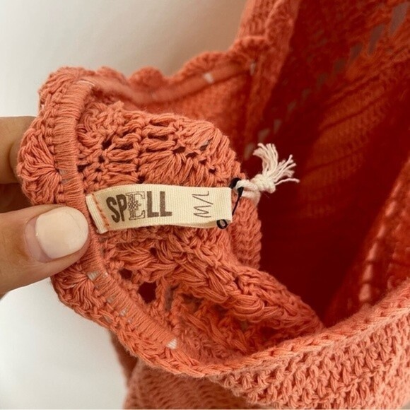 Spell Palm Springs Crochet Halter Mini Dress Coral Medium Large NWT - Picture 6 of 9